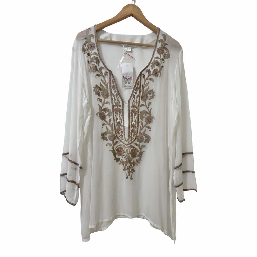 Ella Moss Stella Embroidered Chiffon Sheer Tunic Top Size L Beach Swim Cover Up